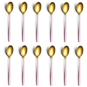 yelona set of 12 titanium gold plated stainless steel espresso spoons with pink handle - teaspoons set for coffee sugar dessert cake ice cream soup antipasto cappuccino - flatware amp cutlery
