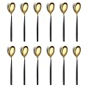 YELONA Set of 12 Titanium Gold Plated Stainless Steel Espresso Spoons with Black Handle - Teaspoons Set for Coffee, Sugar, Dessert, Cake, Ice Cream, Soup, Antipasto, Cappuccino - Flatware & Cutlery