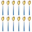 YELONA Set of 12 Titanium Gold Plated Stainless Steel Espresso Spoons with Blue Handle - Teaspoons Set for Coffee, Sugar, Dessert, Cake, Ice Cream, Soup, Antipasto, Cappuccino - Flatware &amp; Cutlery
