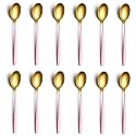 YELONA Set of 12 Titanium Gold Plated Stainless Steel Espresso Spoons with Pink Handle - Teaspoons Set for Coffee, Sugar, Dessert, Cake, Ice Cream, Soup, Antipasto, Cappuccino - Flatware &amp; Cutlery