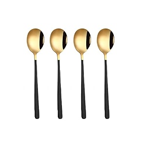 yelona set of 4 titanium gold plated stainless steel espresso spoons with black handle - teaspoons set for coffee sugar dessert cake ice cream soup antipasto cappuccino - flatware amp cutlery