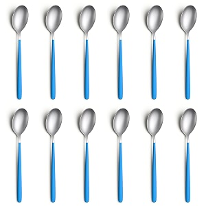 yelona set of 12 titanium silver plated stainless steel espresso spoons with blue handle - teaspoons set for coffee sugar dessert cake ice cream soup antipasto cappuccino - flatware amp cutlery