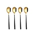 YELONA Set of 4 Titanium Gold Plated Stainless Steel Espresso Spoons with Black Handle - Teaspoons Set for Coffee, Sugar, Dessert, Cake, Ice Cream, Soup, Antipasto, Cappuccino - Flatware &amp; Cutlery