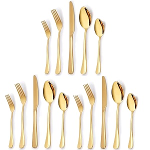 yelona set of 15 premium golden daily use cutlery stainless steel luxury dinnerware flatware serving dinner spoon fork knife reusable mirror finish for home kitchen dining table and gifts