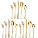 YELONA Set of 15 Premium Golden Daily Use Cutlery Stainless Steel Luxury Dinnerware Flatware Serving Dinner Spoon Fork Knife Reusable Mirror Finish for Home Kitchen Dining Table and Gifts