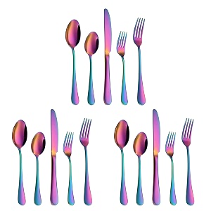 yelona set of 15 premium rainbow daily use cutlery stainless steel luxury dinnerware flatware serving dinner spoon fork knife reusable mirror finish for home kitchen dining table and gifts