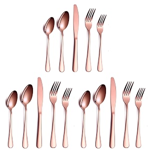 yelona set of 15 premium rosegold daily use cutlery stainless steel luxury dinnerware flatware serving dinner spoon fork knife reusable mirror finish for home kitchen dining table and gifts