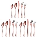 YELONA Set of 15 Premium Rosegold Daily Use Cutlery Stainless Steel Luxury Dinnerware Flatware Serving Dinner Spoon Fork Knife Reusable Mirror Finish for Home Kitchen Dining Table and Gifts