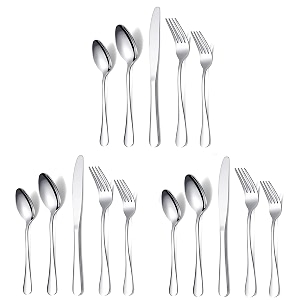 yelona set of 15 premium silver daily use cutlery stainless steel luxury dinnerware flatware serving dinner spoon fork knife reusable mirror finish for home kitchen dining table and gifts