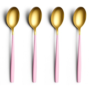 yelona set of 4 titanium gold plated stainless steel espresso spoons with pink handle - teaspoons set for coffee sugar dessert cake ice cream soup antipasto cappuccino - flatware amp cutlery