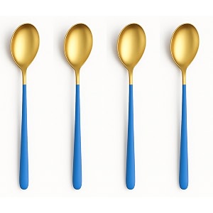 yelona set of 4 titanium gold plated stainless steel espresso spoons with blue handle - teaspoons set for coffee sugar dessert cake ice cream soup antipasto cappuccino - flatware amp cutlery