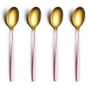 YELONA Set of 4 Titanium Gold Plated Stainless Steel Espresso Spoons with Pink Handle - Teaspoons Set for Coffee, Sugar, Dessert, Cake, Ice Cream, Soup, Antipasto, Cappuccino - Flatware &amp; Cutlery
