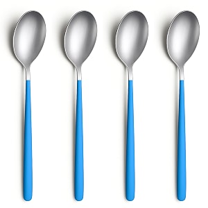 yelona set of 4 titanium silver plated stainless steel espresso spoons with blue handle - teaspoons set for coffee sugar dessert cake ice cream soup antipasto cappuccino - flatware amp cutlery