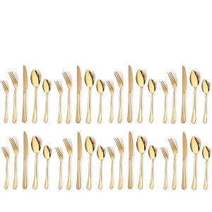 yelona set of 40 premium golden daily use cutlery stainless steel luxury dinnerware flatware serving dinner spoon fork knife reusable mirror finish for home kitchen dining table and gifts