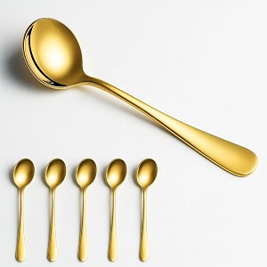 yelona set of 5 gold soup spoon 7234 stainless steel titanium plating shiny golden round spoons flatware gold table spoon cutlery set sturdy easy to clean dishwasher safe for dining amp restaurant