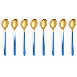 yelona set of 8 titanium gold plated stainless steel espresso spoons with blue handle - teaspoons set for coffee sugar dessert cake ice cream soup antipasto cappuccino - flatware amp cutlery