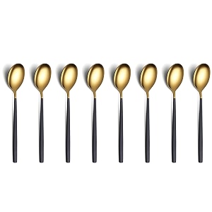 yelona set of 8 titanium gold plated stainless steel espresso spoons with black handle - teaspoons set for coffee sugar dessert cake ice cream soup antipasto cappuccino - flatware amp cutlery