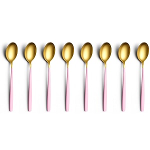 yelona set of 8 titanium gold plated stainless steel espresso spoons with pink handle - teaspoons set for coffee sugar dessert cake ice cream soup antipasto cappuccino - flatware amp cutlery