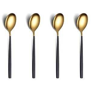 yelona set of 4 titanium gold plated stainless steel espresso spoons with black handle - teaspoons set for coffee sugar dessert cake ice cream soup antipasto cappuccino - flatware amp cutlery