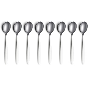 yelona set of 8 titanium silver plated stainless steel espresso spoons with white handle - teaspoons set for coffee sugar dessert cake ice cream soup antipasto cappuccino - flatware amp cutlery