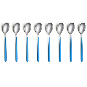 yelona set of 8 titanium silver plated stainless steel espresso spoons with blue handle - teaspoons set for coffee sugar dessert cake ice cream soup antipasto cappuccino - flatware amp cutlery