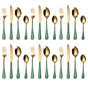yelona combo set of 24 premium gold green handle daily use cutlery stainless steel luxury dinnerware flatware serving spoon fork knife reusable mirror finish for home kitchen dining table and gifts