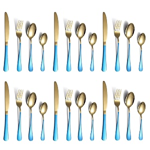 yelona combo set of 24 premium gold blue handle daily use cutlery stainless steel luxury dinnerware flatware serving spoon fork knife reusable mirror finish for home kitchen dining table and gifts
