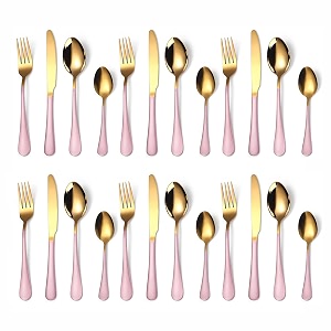 yelona combo set of 24 premium gold pink handle daily use cutlery stainless steel luxury dinnerware flatware serving spoon fork knife reusable mirror finish for home kitchen dining table and gifts