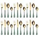 Yelona Combo Set of 24 Premium Gold Green Handle Daily Use Cutlery Stainless Steel Luxury Dinnerware Flatware Serving Spoon Fork Knife Reusable Mirror Finish for Home Kitchen Dining Table and Gifts