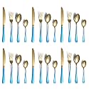 Yelona Combo Set of 24 Premium Gold Blue Handle Daily Use Cutlery Stainless Steel Luxury Dinnerware Flatware Serving Spoon Fork Knife Reusable Mirror Finish for Home Kitchen Dining Table and Gifts