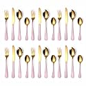 Yelona Combo Set of 24 Premium Gold Pink Handle Daily Use Cutlery Stainless Steel Luxury Dinnerware Flatware Serving Spoon Fork Knife Reusable Mirror Finish for Home Kitchen Dining Table and Gifts