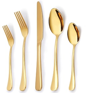 yelona combo set of 5 premium gold daily use cutlery stainless steel luxury dinnerware flatware serving spoon fork knife reusable mirror finish for home kitchen dining table and gifts