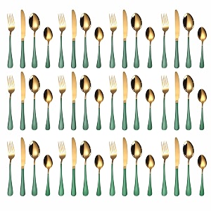 yelona combo set of 48 premium gold green handle daily use cutlery stainless steel luxury dinnerware flatware serving spoon fork knife reusable mirror finish for home kitchen dining table and gifts