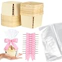 Yerliker 10 Set Wooden Mini Baskets for Gifts Bulk Empty Small Baskets Berry Basket Bows Clear Treat Bags for DIY Picking Wedding Birthday Baby Shower(4 Inches,Velvet,Pink)