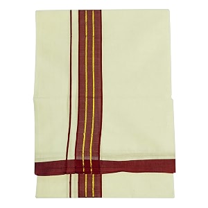 mens center gold jari 2 line border 100 cotton cream dhoti 400 meters double munduvesti