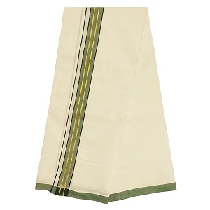 mens center gold jari 2 line border 100 cotton cream dhoti 400 meters double munduvesti