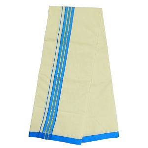 mens center gold jari 2 line border 100 cotton cream dhoti 400 meters double munduvesti