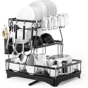 YHK TRADEMART Metal Yhk Dish Rack for Kitchen Counter, Dish Drying Racks with Drainboard 2 Tier, Dish Drainer Rack and Utensil Holder, 32 x 8 x 8 Centimeters, Black (3 Layer)