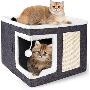yhk cat houses and condos for indoor cats - large cat cave with hanging toy soft bed cushion and scratch pad foldable cat hideaway for multi-pets
