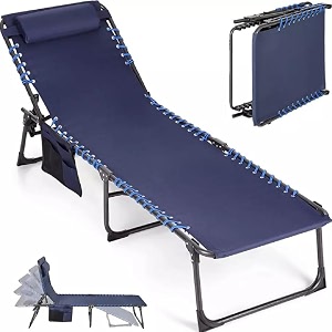 yhk folding sun lounger outdoor 5 adjustable positions single reclining chair with removable pillow and side pocket portable lounge chair for beach patio and poolside yh-02
