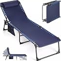 YHK Folding Sun Lounger, Outdoor 5 Adjustable Positions Single Reclining Chair with Removable Pillow and Side Pocket, Portable Lounge Chair for Beach, Patio and Poolside (YH-02)