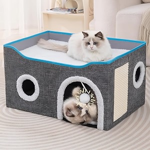 yhk cat houses and condos for indoor cats - large cat cave with hanging toy soft bed cushion and scratch pad foldable cat hideaway for multi-pets