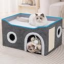 YHK Cat Houses and Condos for Indoor Cats - Large Cat Cave with Hanging Toy, Soft Bed Cushion, and Scratch Pad, Foldable Cat Hideaway for Multi-Pets