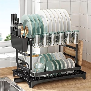metal yhk dish rack for kitchen counter dish drying racks with drainboard 2 tier dish drainer rack and utensil holder 32 x 8 x 8 centimeters black black