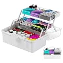 Yieach 13.3 Inch Craft Box Organizer and Medicine Organizer Storage with 2 Tier Tray,Multifunctional Plastic Sewing Organizers,Cute First aid Kit Empty Box with Handle and Craft Supply storage,White