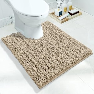 yimobra u-shaped toilet rug 24x20 soft absorbent chenille bathroom mat non-slip contour rug quick-dry machine washable pale khaki