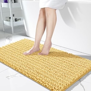 yimobra bathroom runner rug 55x24 inch - extra long non slip chenille bath mat soft amp absorbent machine washable shaggy hallway carpet for vanity tub shower yellow home decor accessories