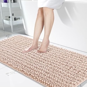 yimobra bathroom runner rug 55x24 inch - extra long non slip chenille bath mat soft amp absorbent machine washable shaggy hallway carpet for vanity tub shower pinkish beige home decor accessories