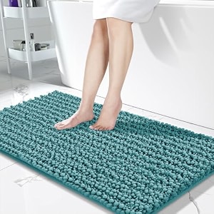 yimobra bathroom runner rug 55x24 inch - extra long non slip chenille bath mat soft amp absorbent machine washable shaggy hallway carpet for vanity tub shower teal blue home decor accessories