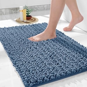 yimobra chenille shaggy bathroom rug mat - extra soft non slip absorbent water bath rug quick dry machine washable - bath mat for bathroom floor - 24 x 17 inches rectangular denim blue